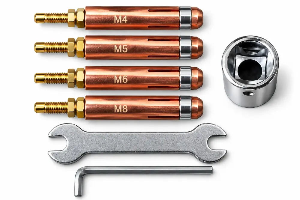 CDS10M collet kit: M4, M5, M6 and M8 copper collets with spanner and hex key