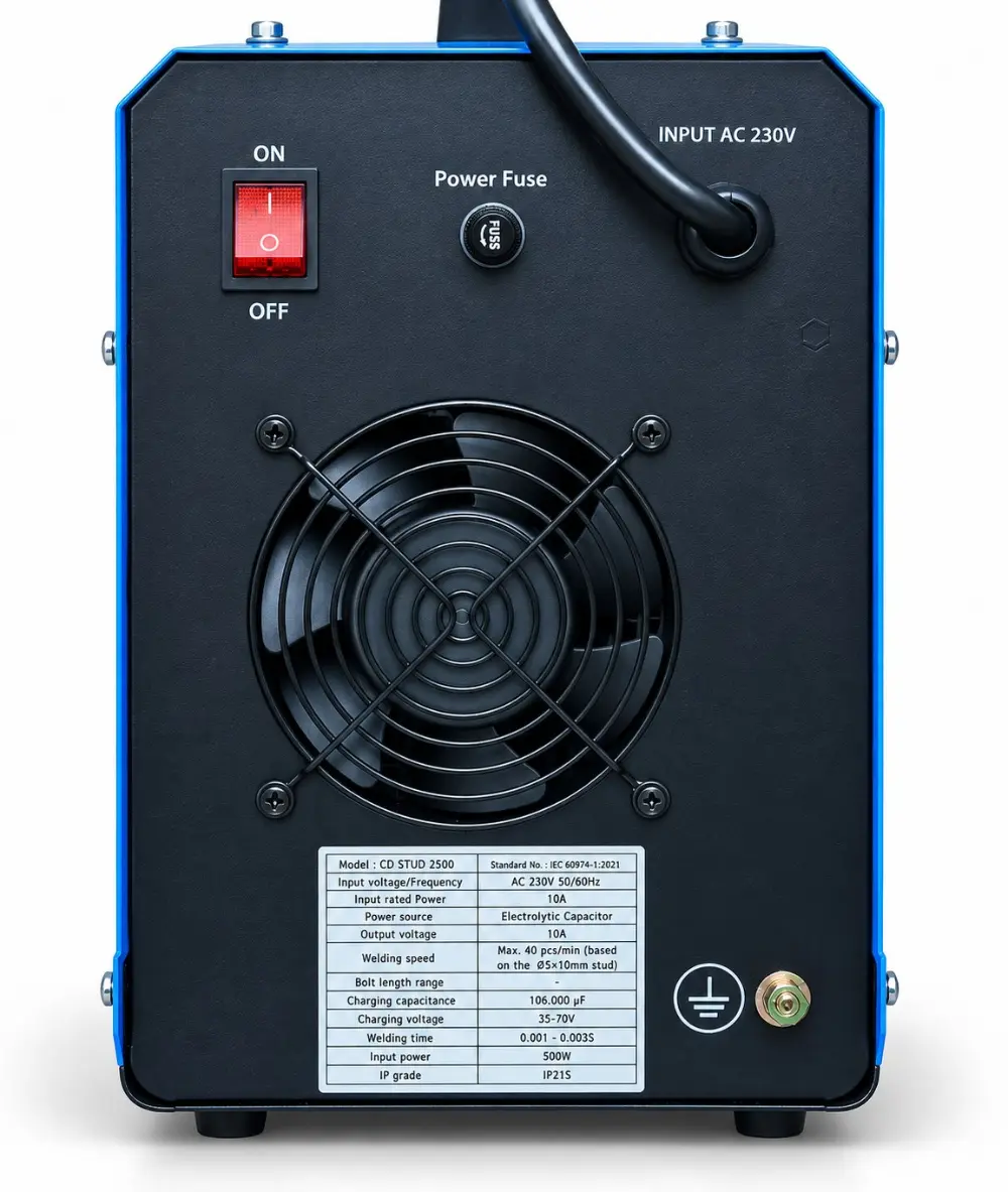 CDS10M rear panel with mains switch, fuse, cooling fan and rating plate