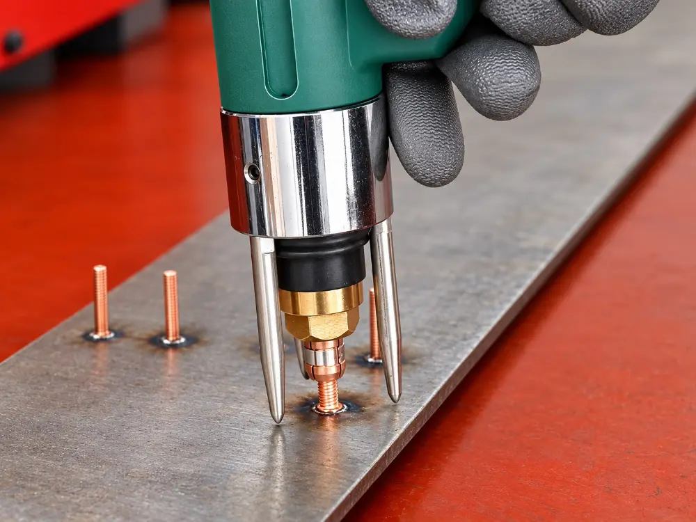 CDS10M pistol gun welding copper-plated studs on a steel strip