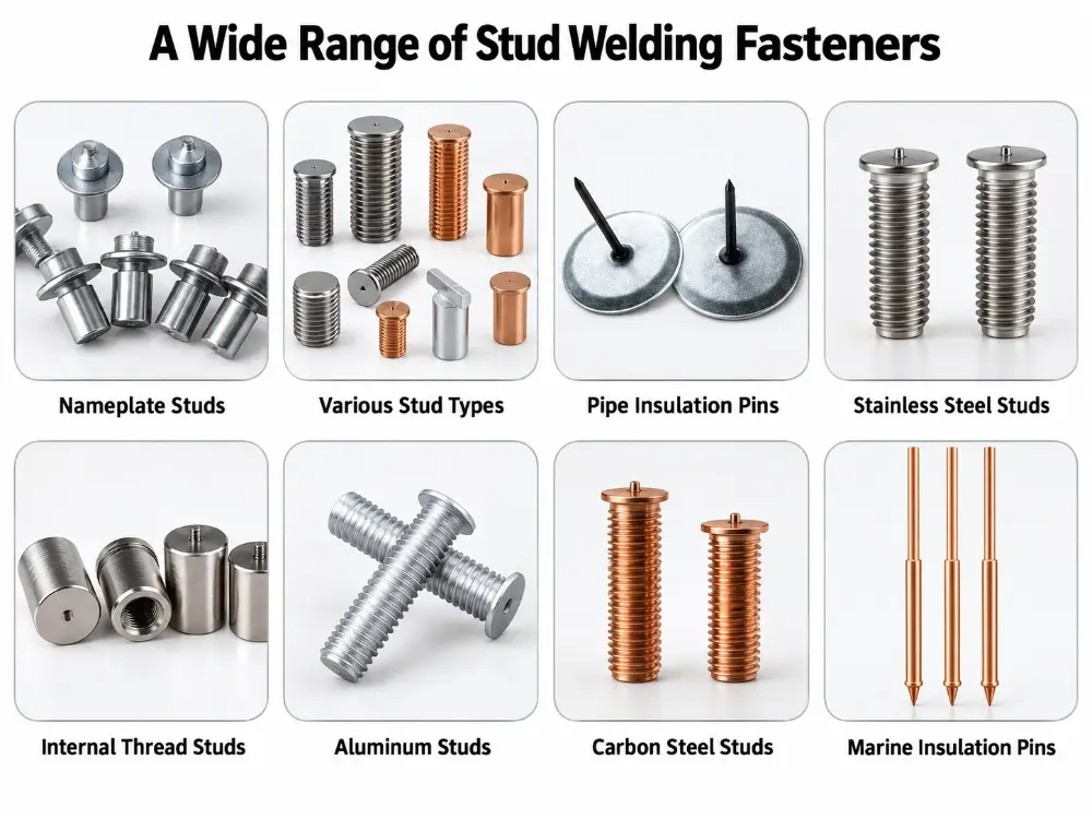 Range of CD stud welding fasteners: nameplate studs, threaded studs, insulation pins, internal thread studs, aluminium and carbon steel studs