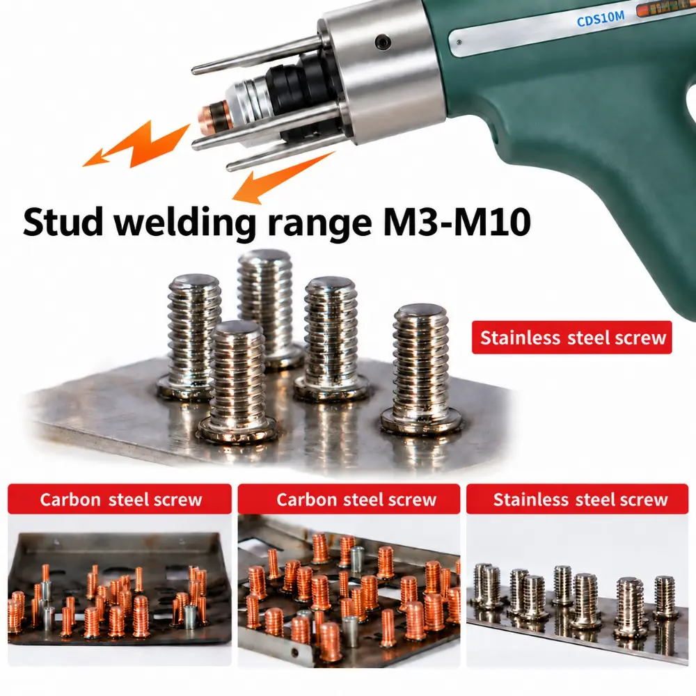CDS10M stud welding range M3 to M10, stainless and carbon steel studs on sheet