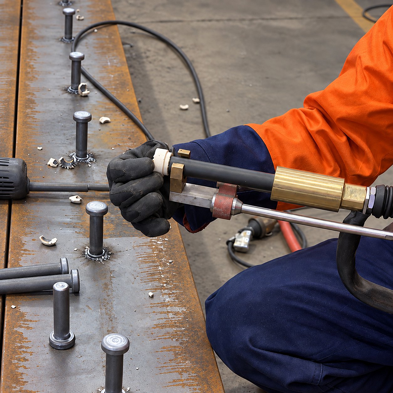 Operator placing a stud with the drawn arc gun on a beam
