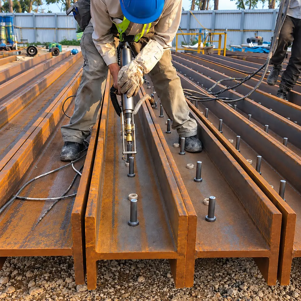 Site operator welding studs on I-beams with the CDS-2500