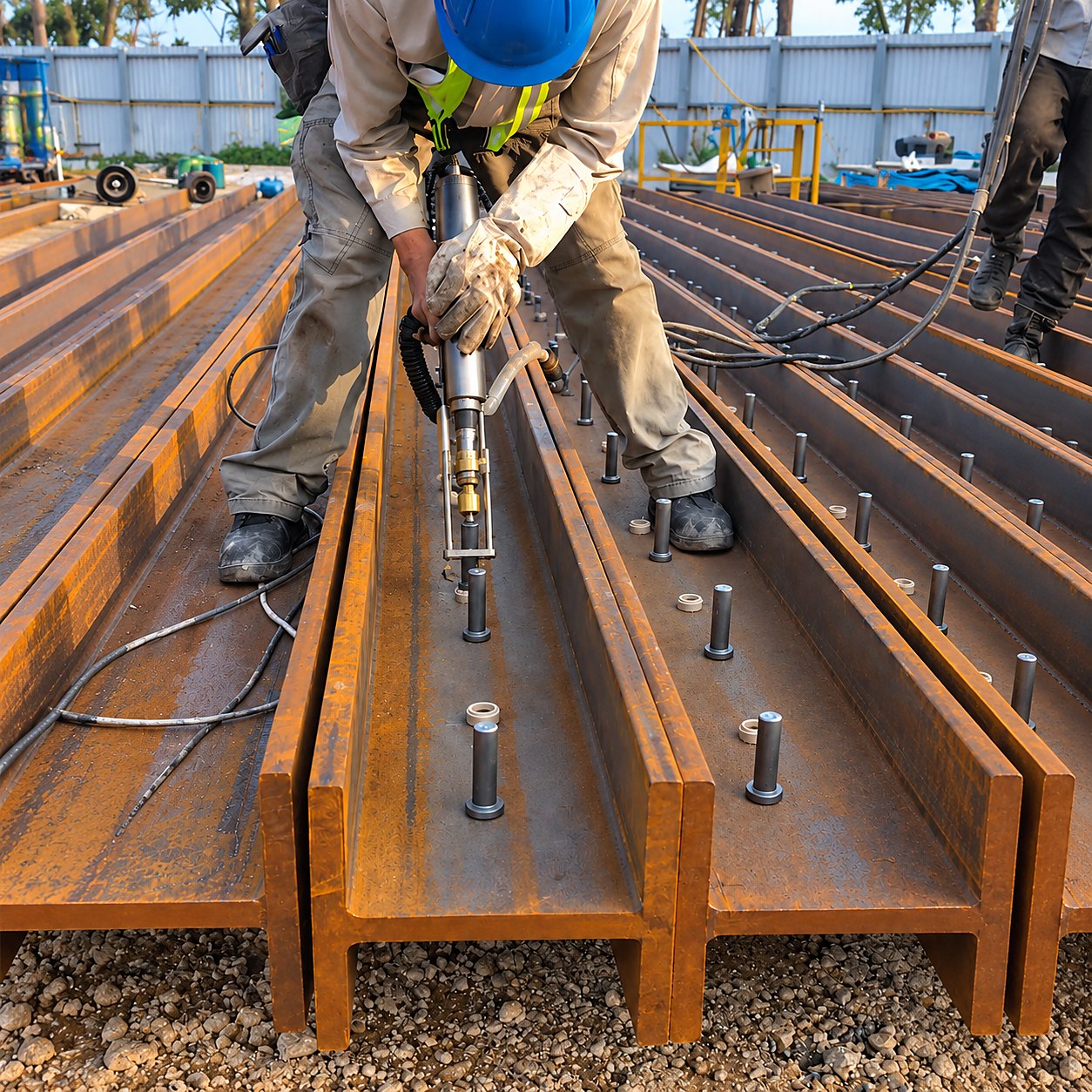 Site operator welding studs on I-beams with the CDS-2500