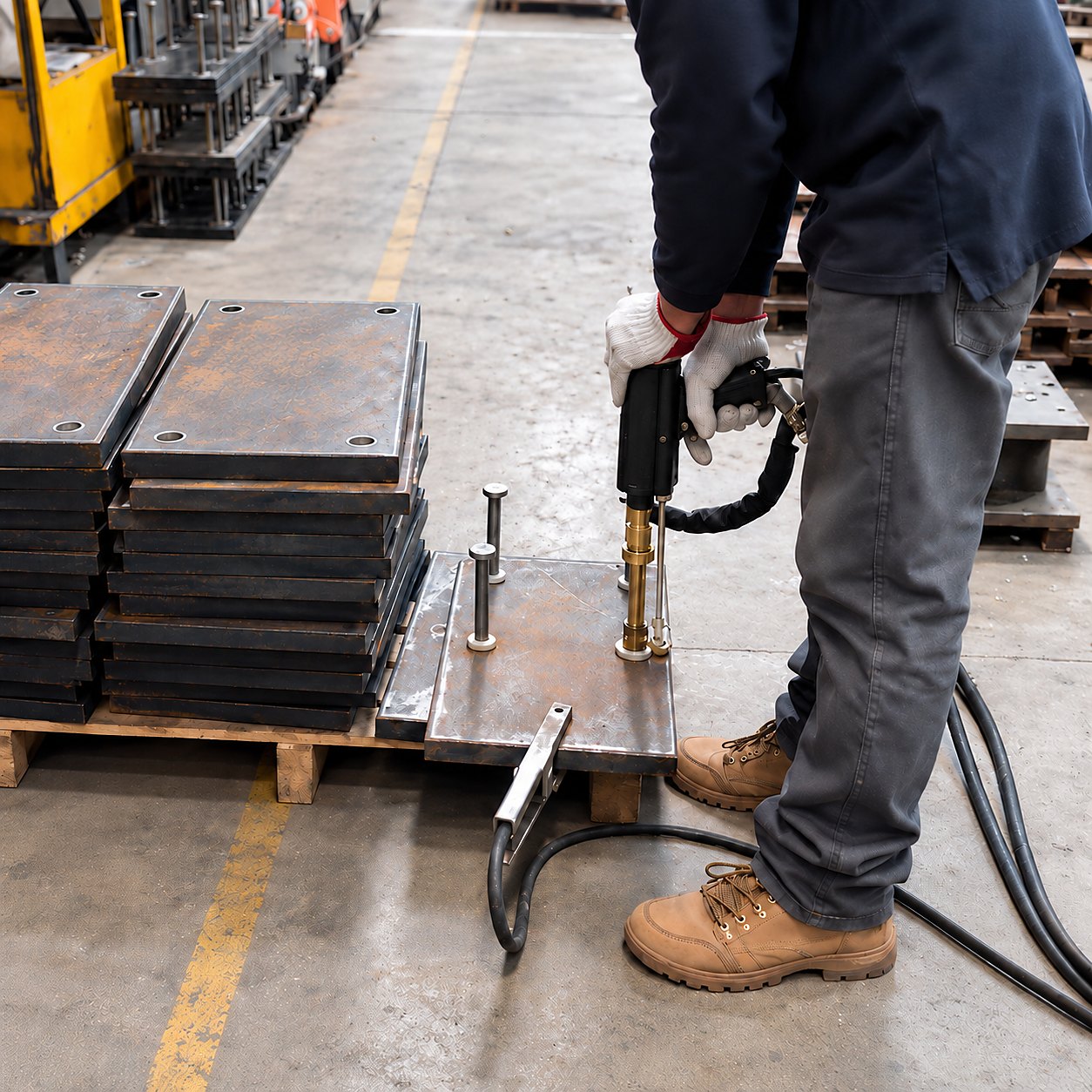 Welding threaded studs onto steel plates