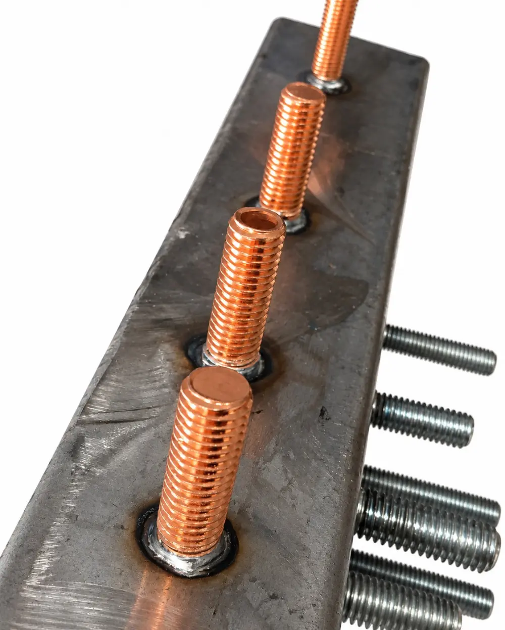 Copper-plated CD studs welded along a steel bar