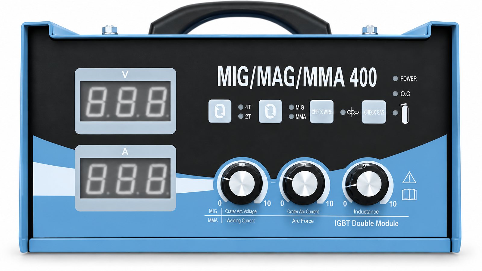 CWMIG400iJ control panel: voltage and current displays, 2T/4T, MIG/MMA, check wire, check gas, crater and inductance knobs