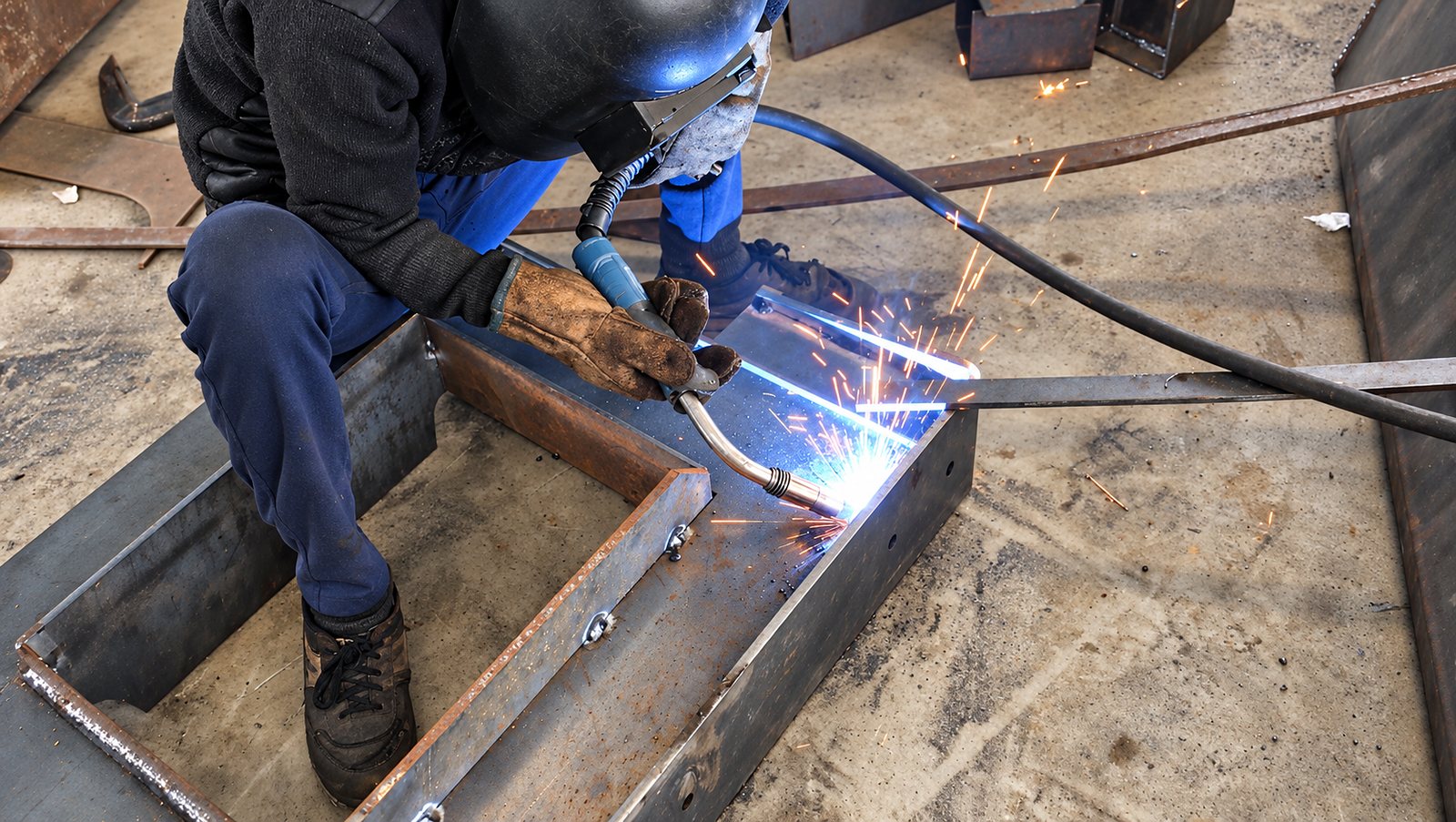 MIG welding a steel frame on the shop floor