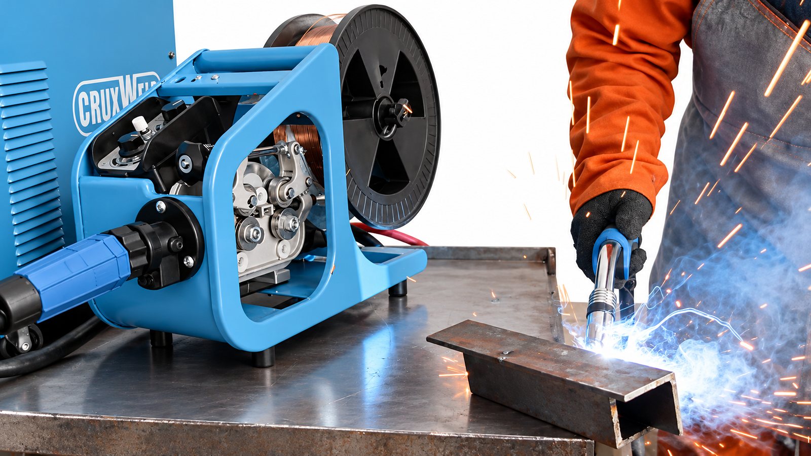 CWMIG400iJ wire feeder and MIG torch welding a steel channel