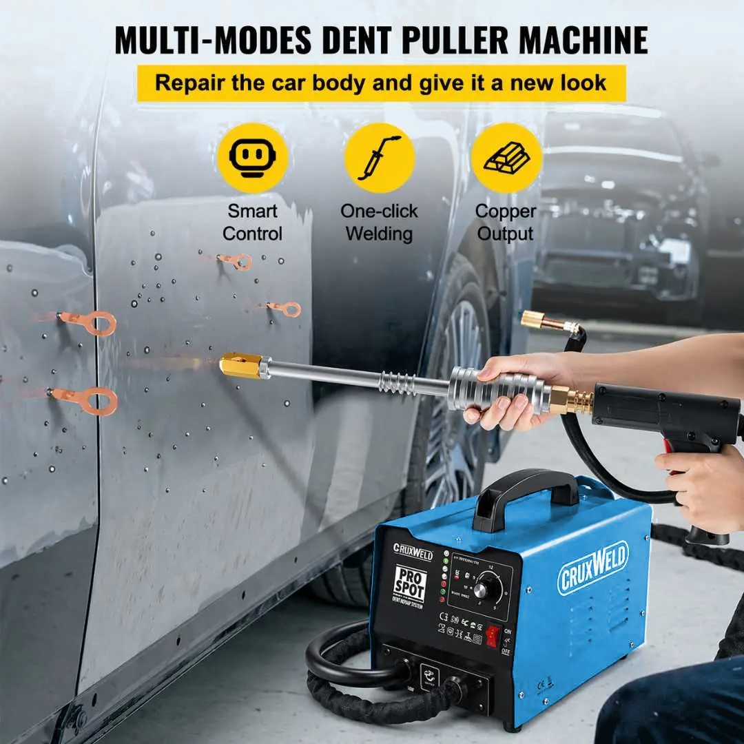 Technician pulling a car door dent with the DentPro 90 dent puller spot welder