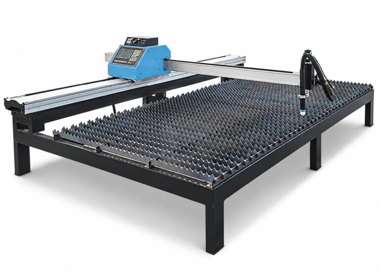 CRUXWELD DynaCut ProX portable CNC plasma cutter on a slat cutting table