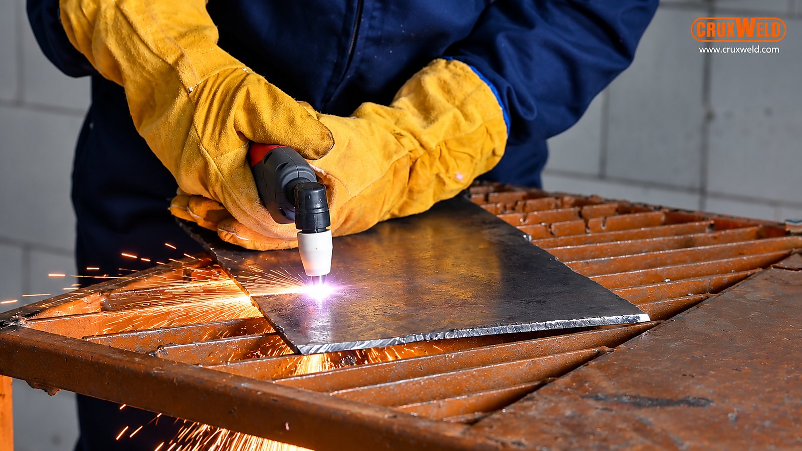 Cutting a steel plate on a grate table with the FINELINE 40C plasma cutter