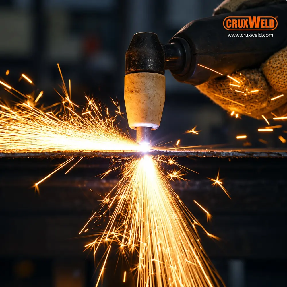 Plasma torch of the FINELINE 40C cutting steel with a shower of sparks