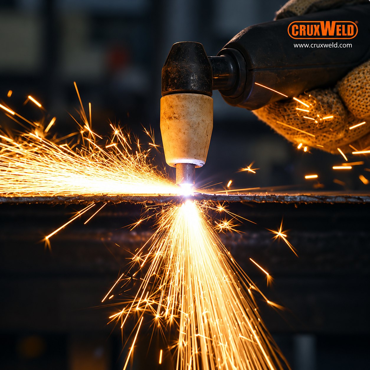 Plasma torch of the FINELINE 40C cutting steel with a shower of sparks