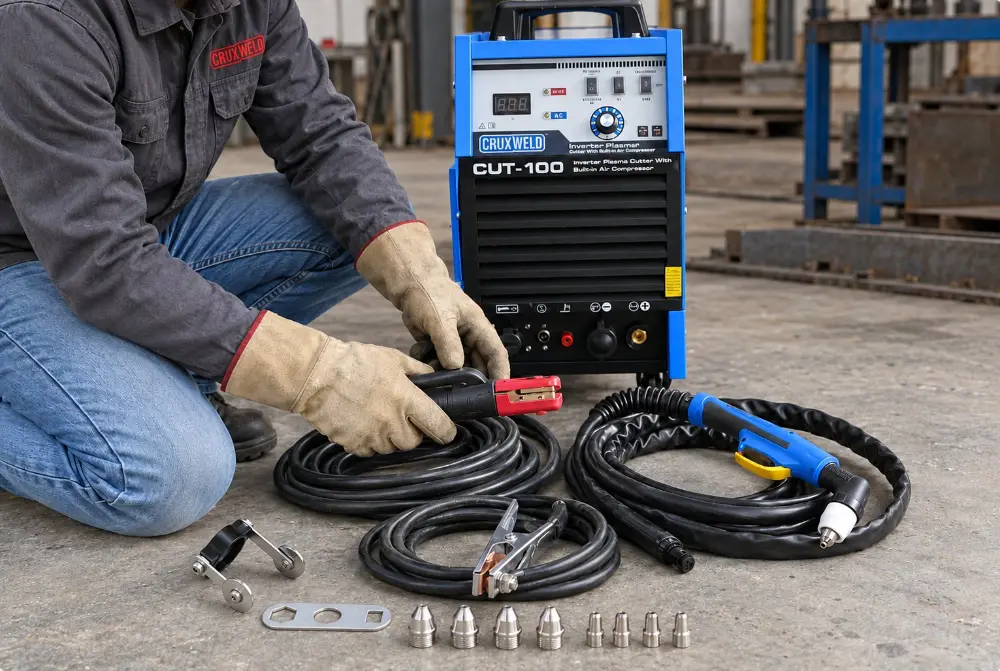 FINELINE 100IC accessories: plasma torch, electrode holder, earth clamp, roller guide, spanner, nozzles and electrodes