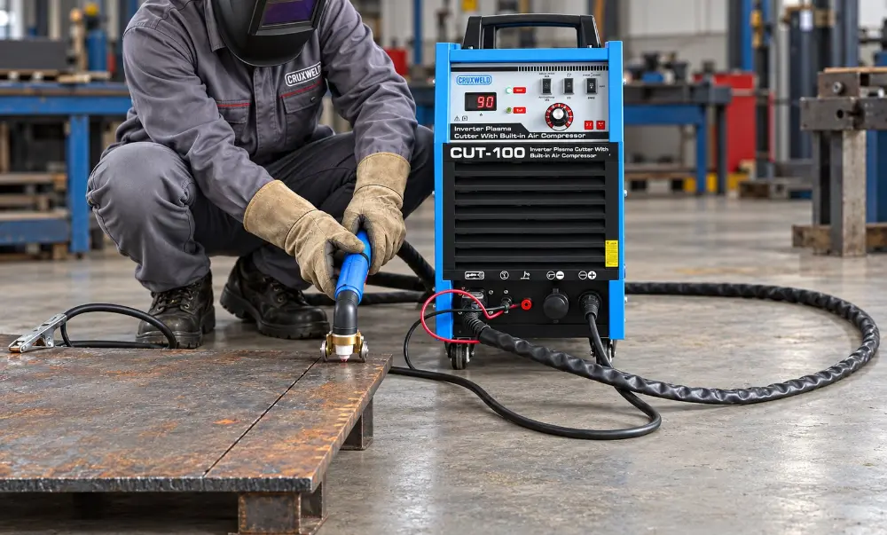 Operator cutting steel plate on site with the FINELINE 100IC plasma cutter with built-in air compressor