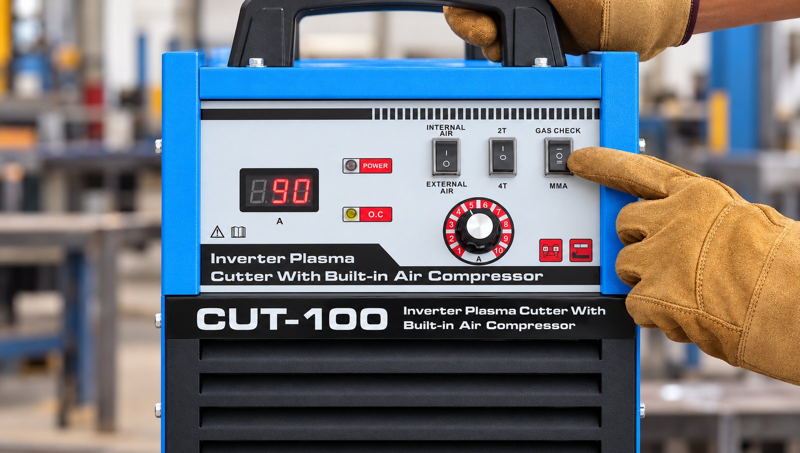 Operator selecting Cut or MMA on the FINELINE 100IC front panel, display set to 90 A