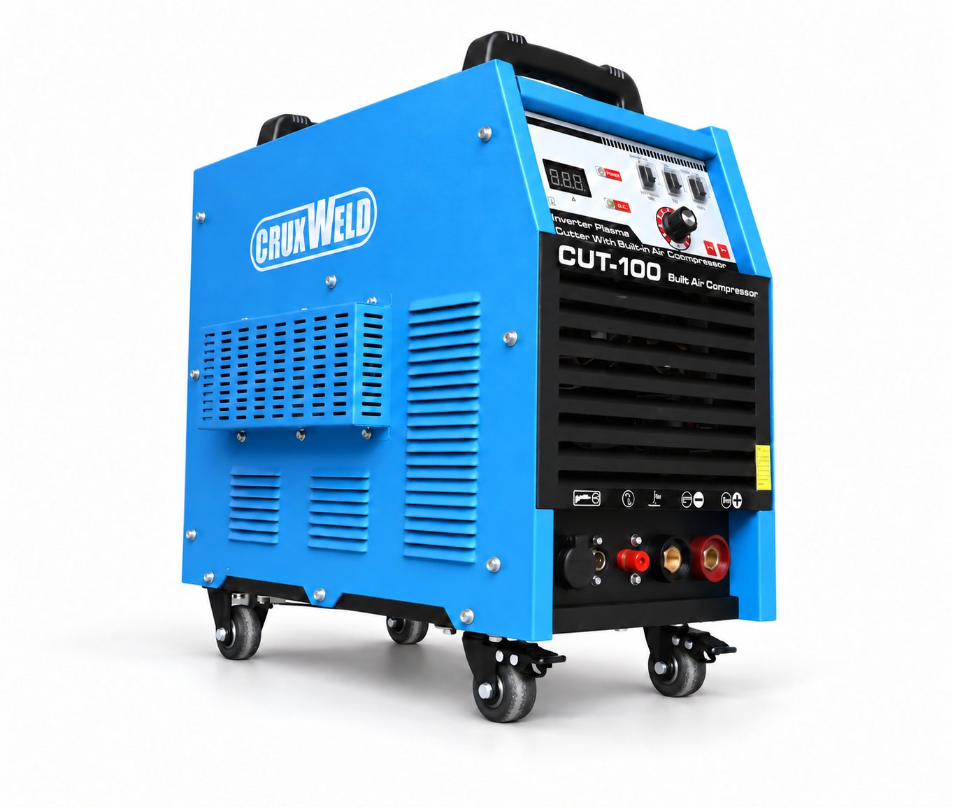 FINELINE 100IC plasma cutter with built-in air compressor, front right view on castor wheels