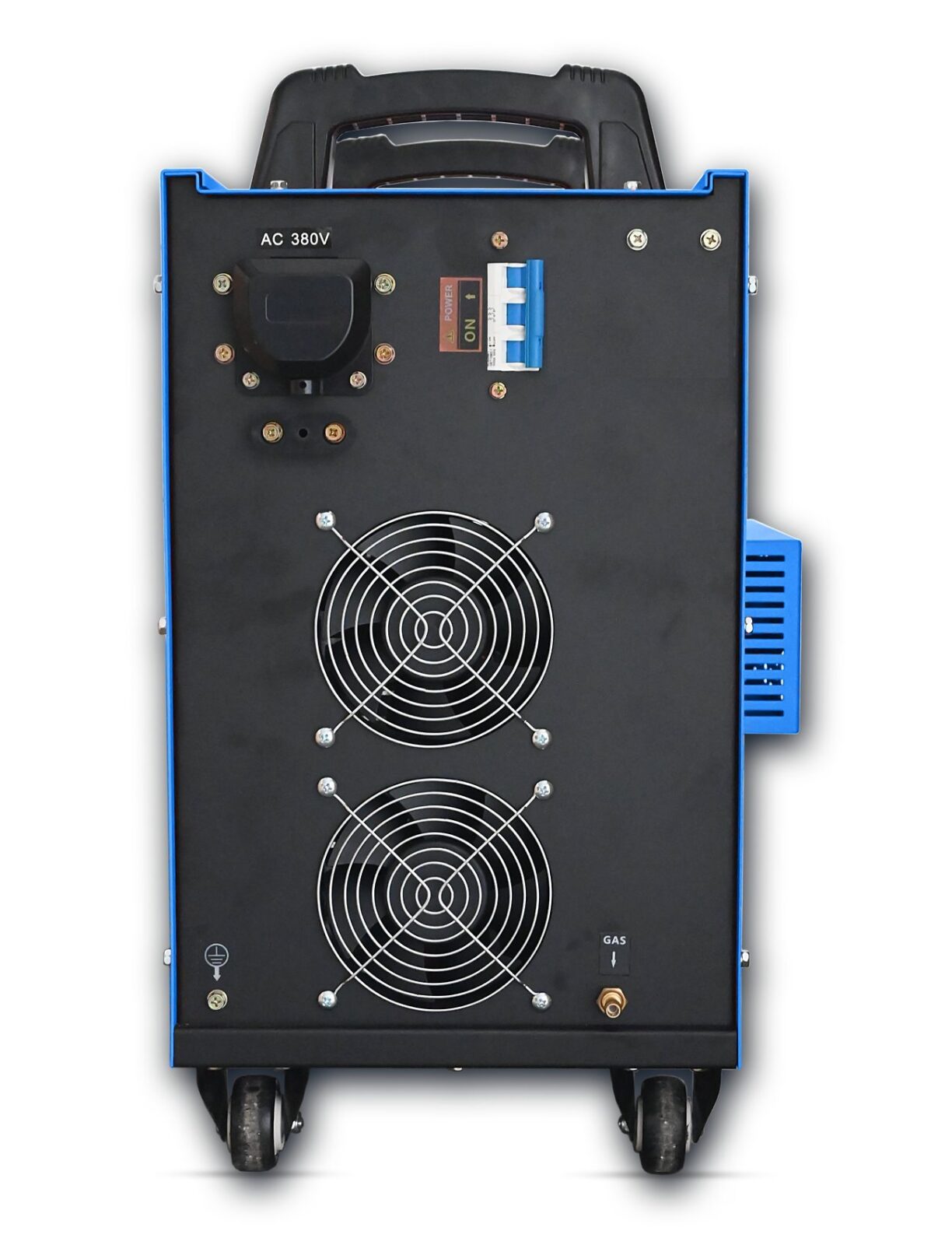 FINELINE 100IC rear panel with 380 V input, main breaker, twin cooling fans and GAS inlet