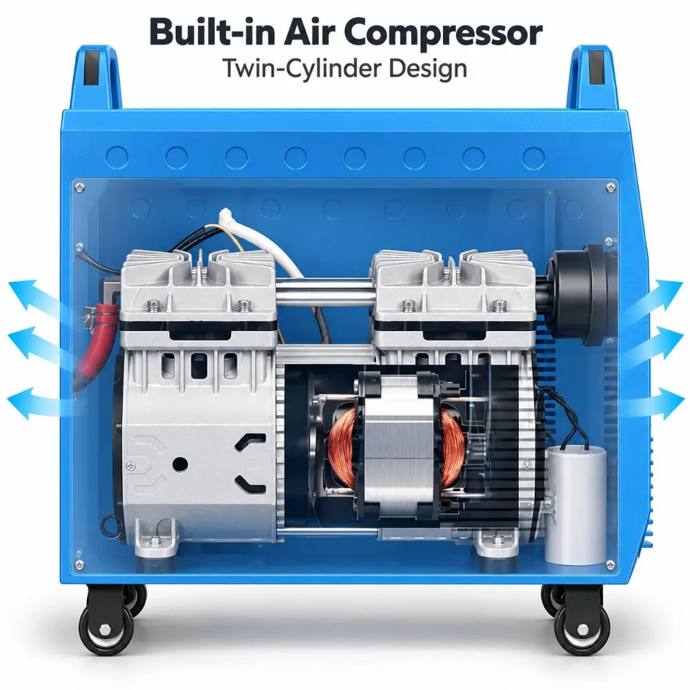 Twin-cylinder air compressor inside the FINELINE 100IC plasma cutter with built-in air compressor, cutaway view