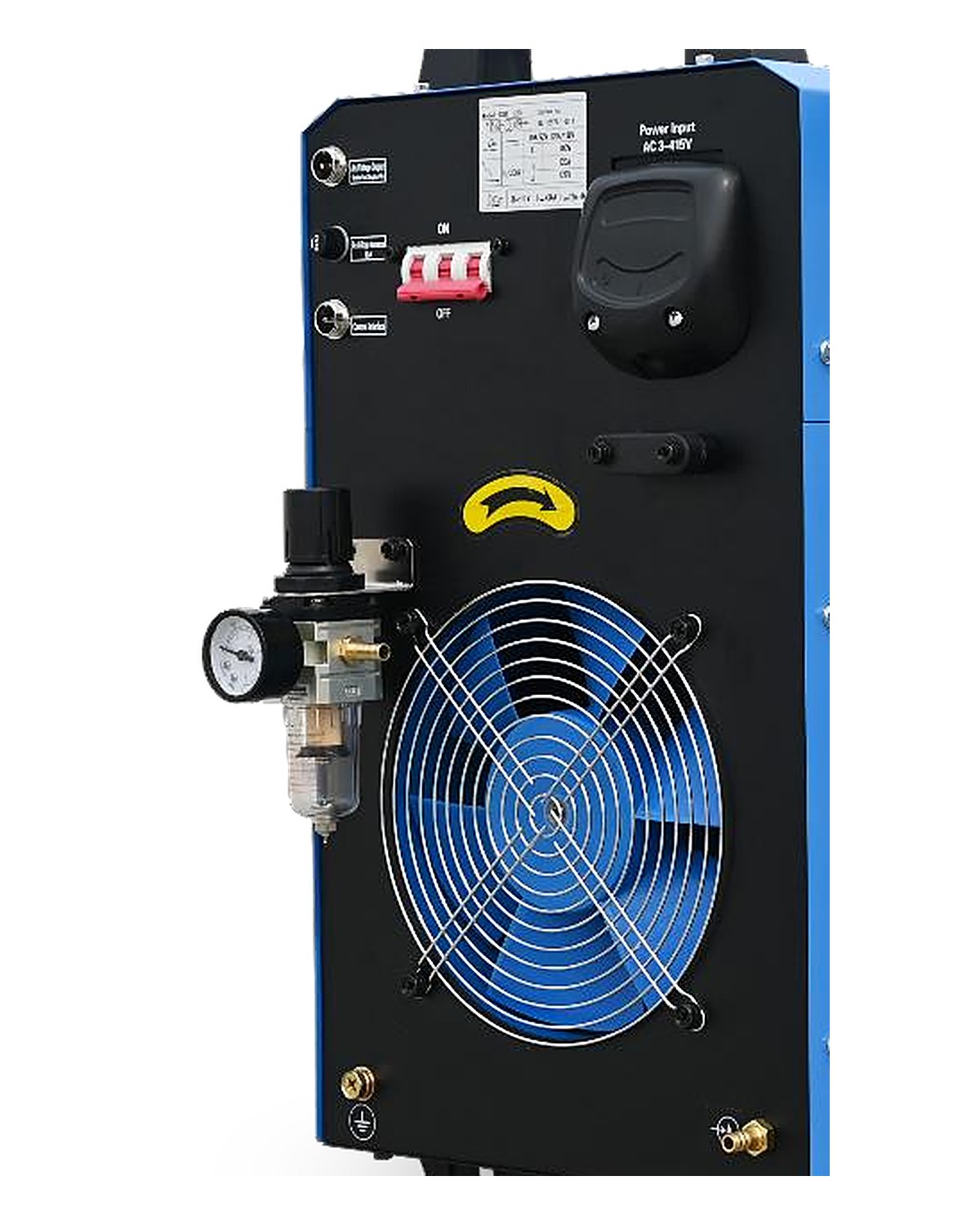 Air filter regulator, gauge, 3-phase input and cooling fan on the FINELINE 120 air plasma cutting machine