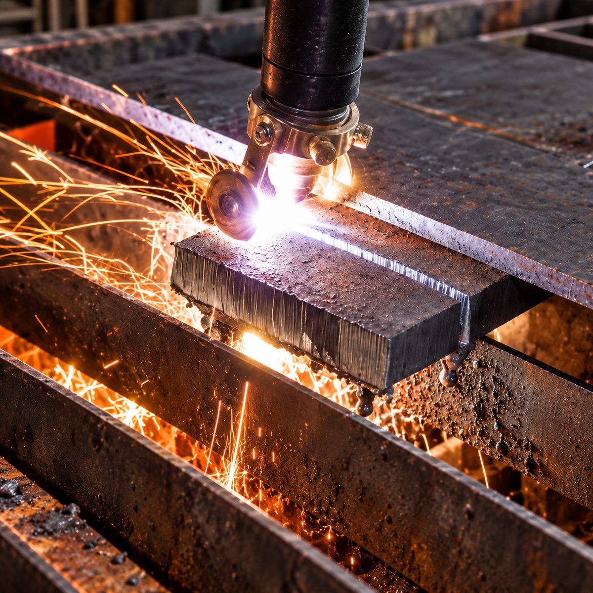 FINELINE 120 machine torch cutting thick steel bar on a CNC table