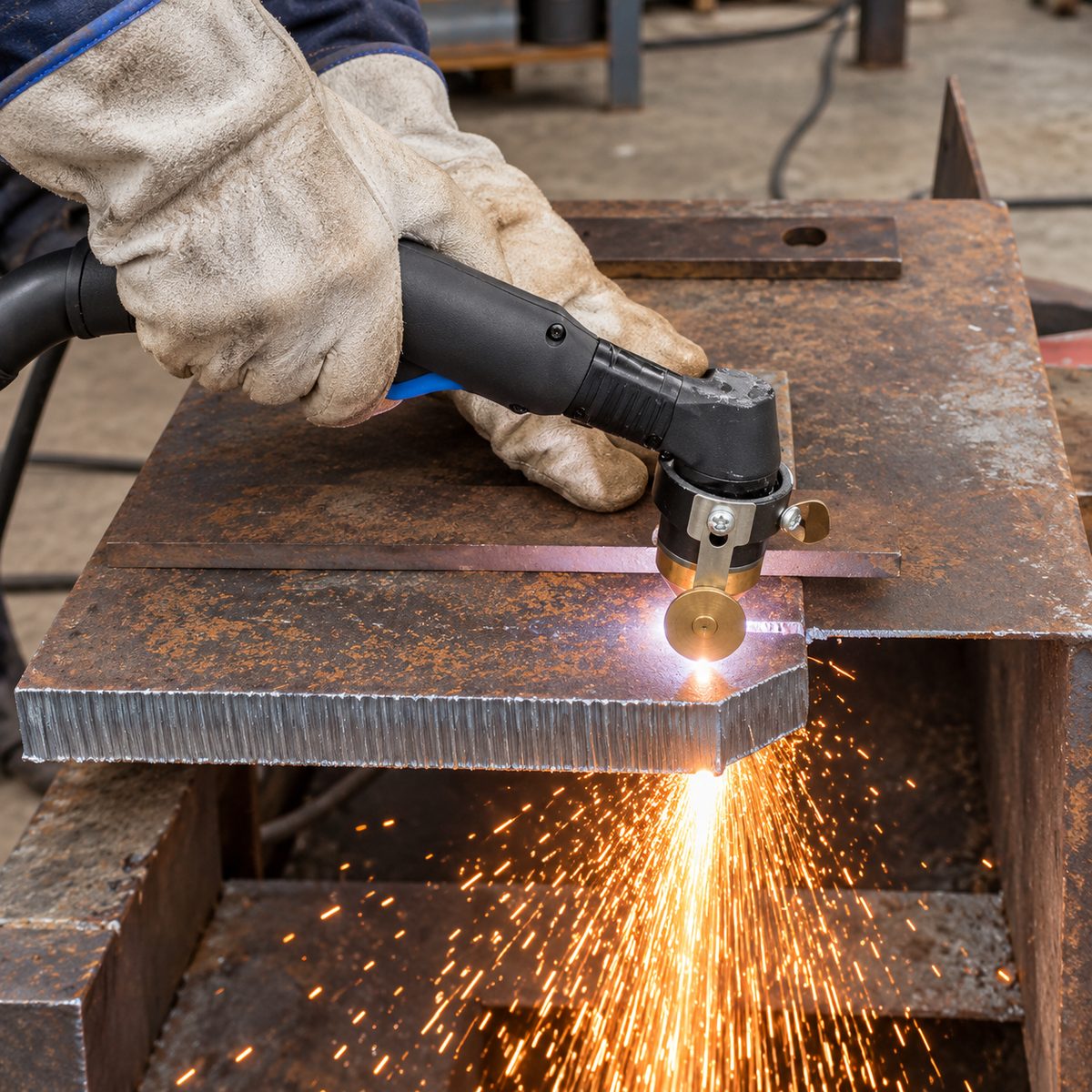 Cutting a rusty steel plate on a bench