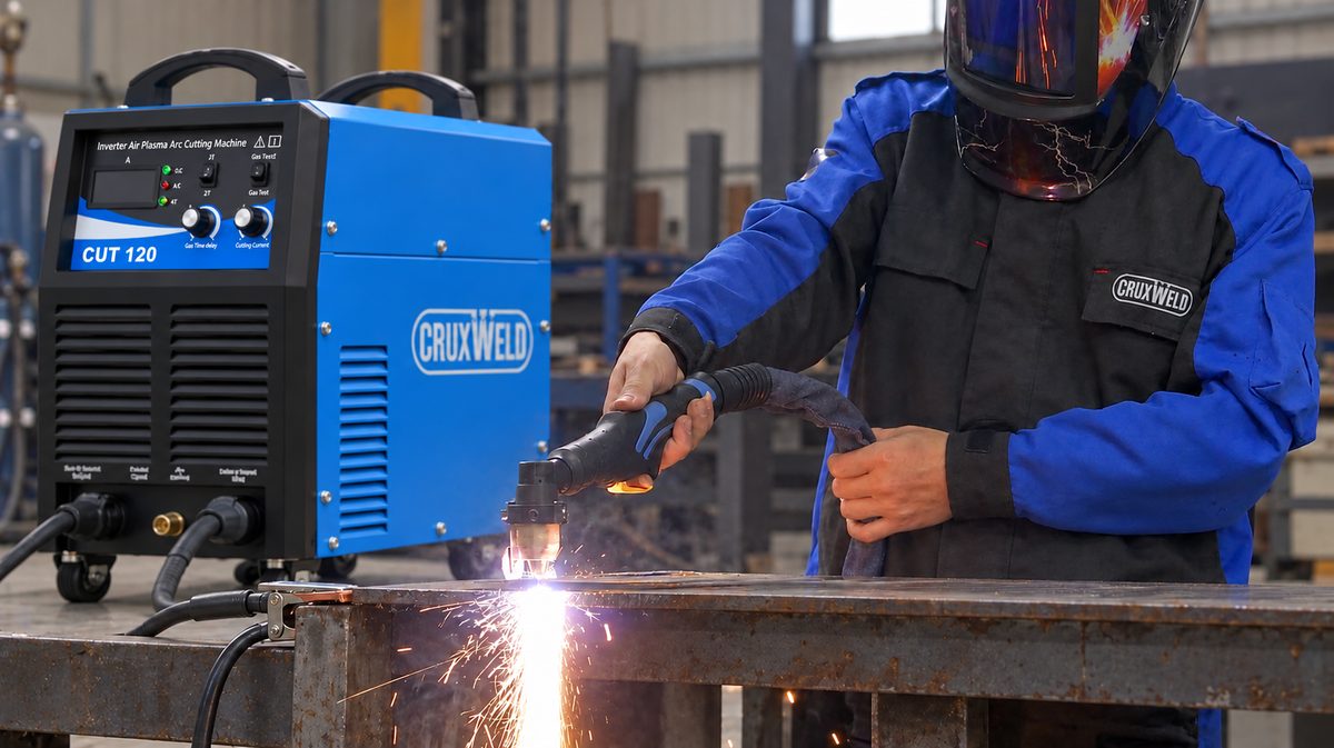 Operator cutting steel plate with the FINELINE 120 in a fabrication workshop