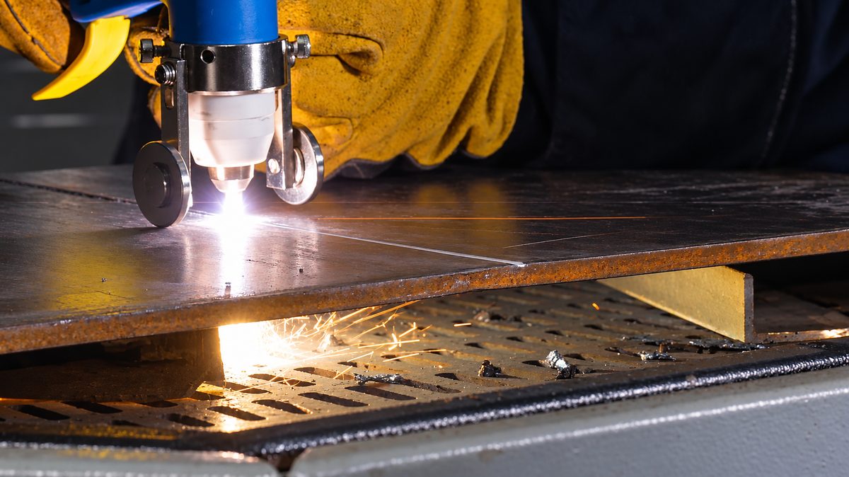 Straight cut across a steel sheet with the roller guide