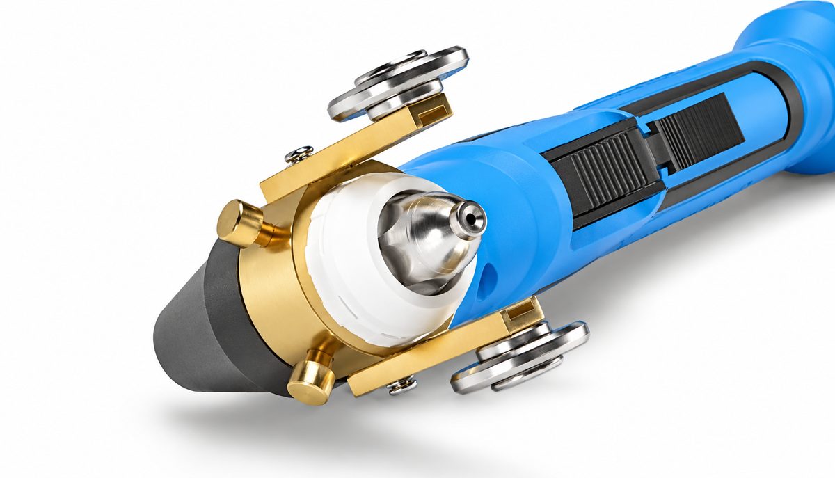 Close-up of the plasma torch head with brass roller guide