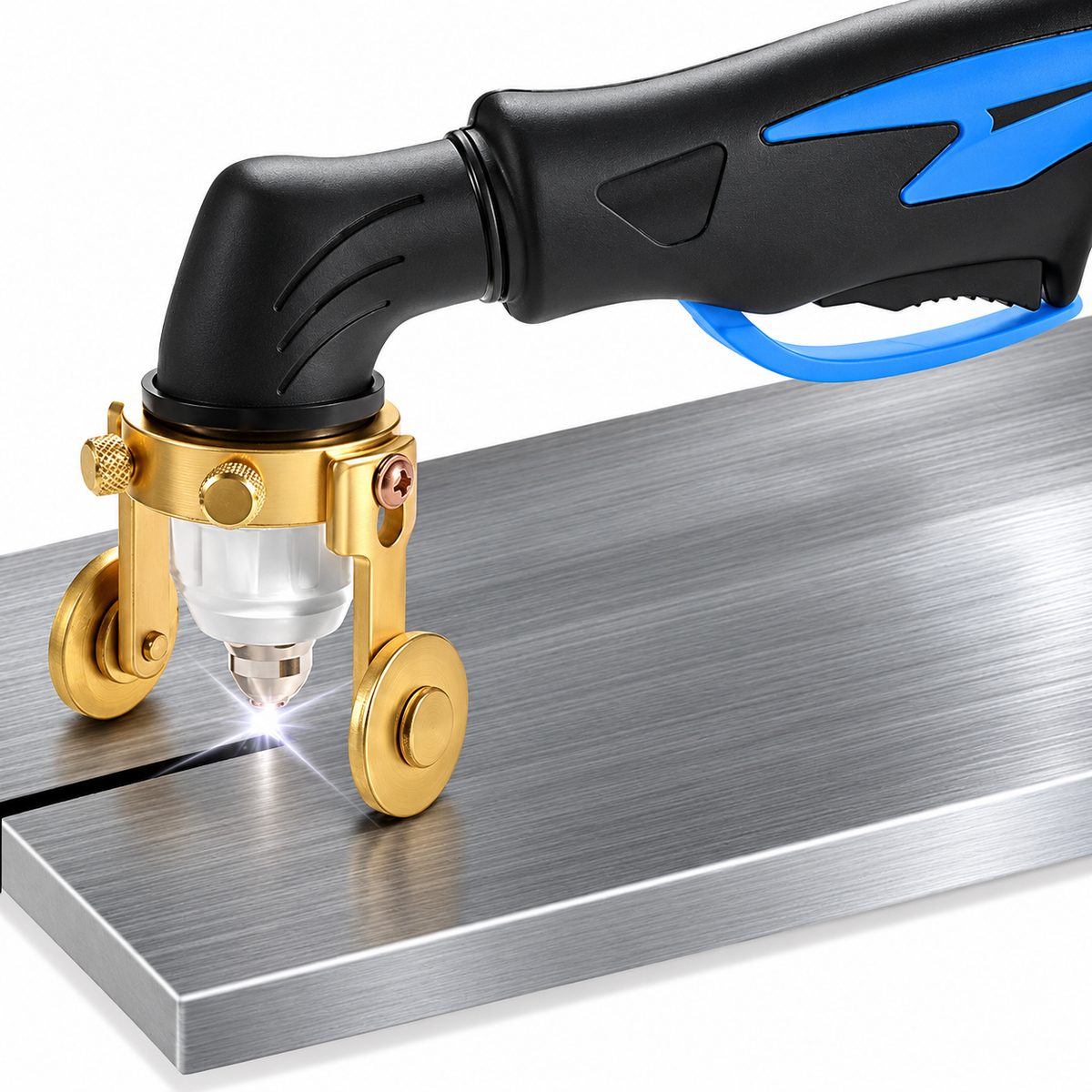 Roller guide torch cutting a straight line on steel plate