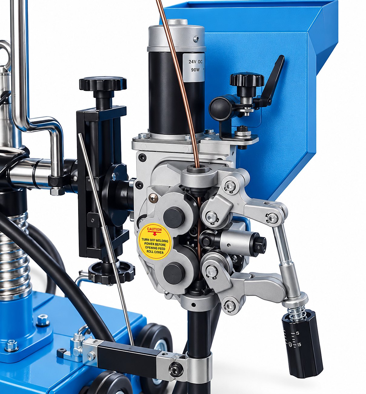 Wire feed motor, feed rolls and adjustable welding head of the FLUXOR SAW tractor