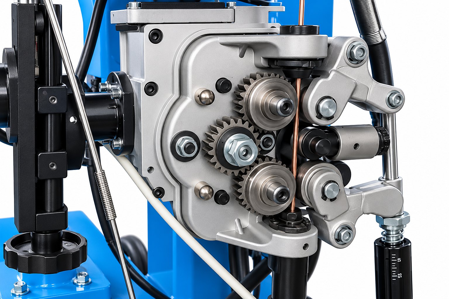 Geared wire feed rolls of the FLUXOR SAW welding tractor