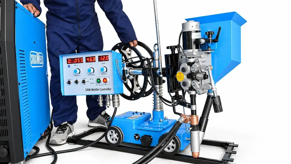Operator with the FLUXOR SAW welding tractor, controller and power source