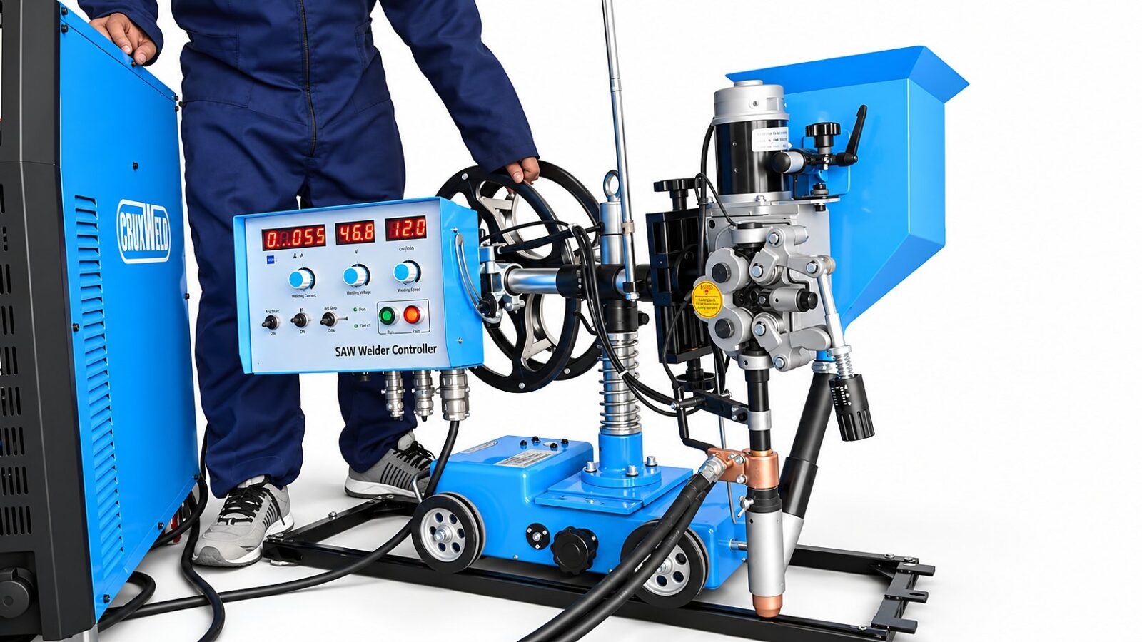 Operator with the FLUXOR SAW welding tractor, controller and power source