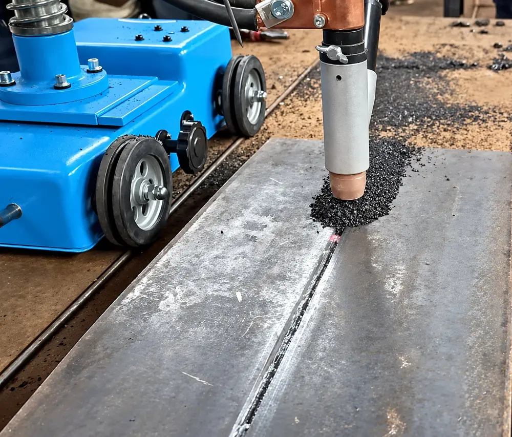 SAW butt weld on steel plate with the FLUXOR welding tractor