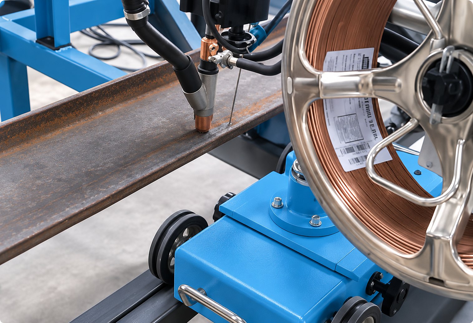 25 kg wire reel and torch positioned on an I-beam fillet joint