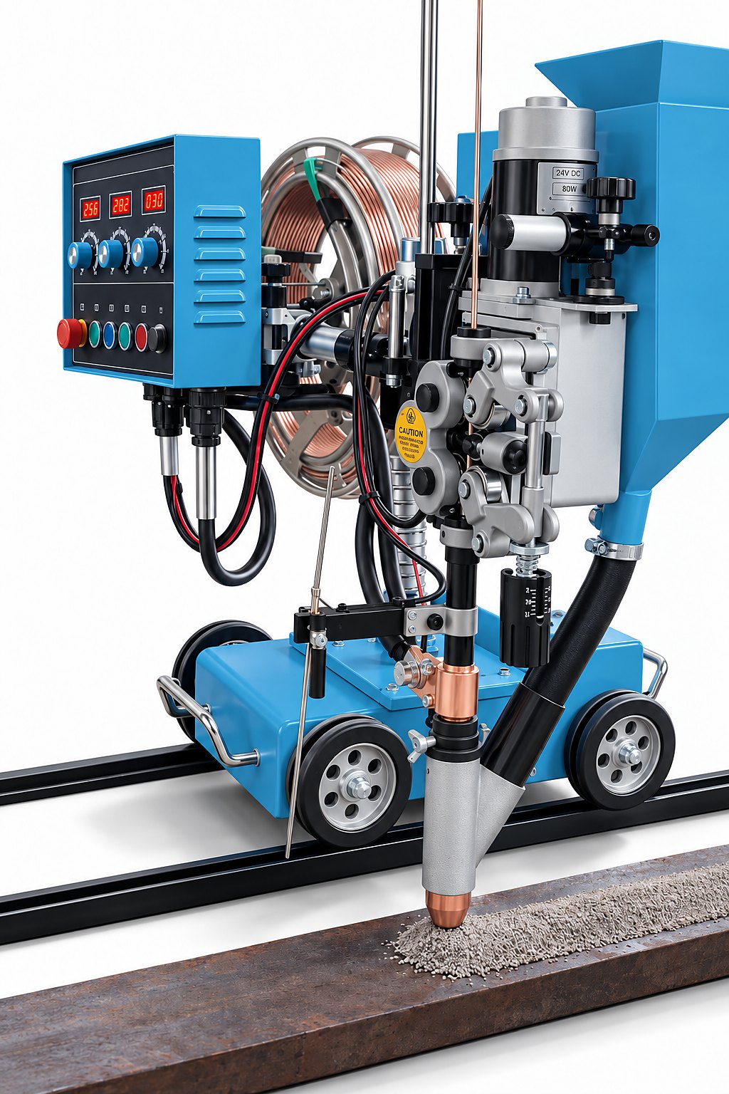 FLUXOR SAW welding tractor on guide rail welding a steel seam