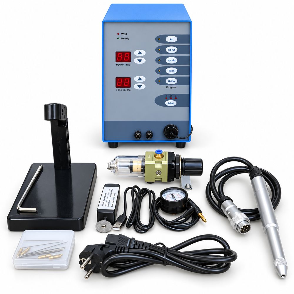 PulseGem 100 jewelry spot welding machine kit: welding unit, handle stand, hexagon wrench, regulating valve, needle burnisher, pressure gauge, welding handle, tungsten needles and collets, power cord