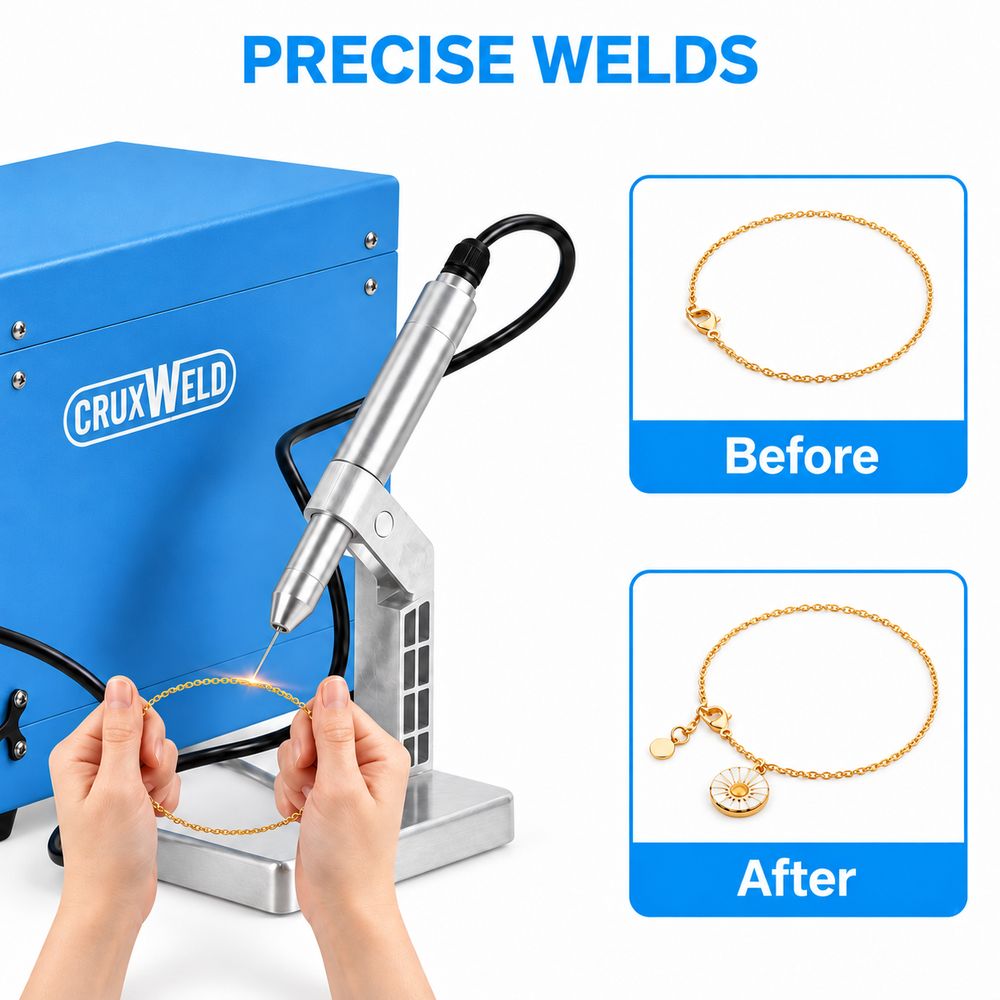 Gold bracelet chain closed with the PulseGem 100 jewelry spot welding machine, before and after