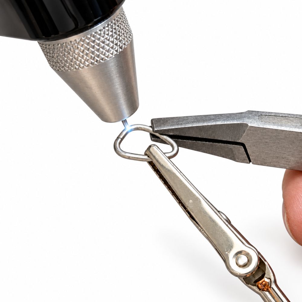 Tungsten electrode of the PulseGem 100 jewelry spot welding machine closing a jump ring held in pliers