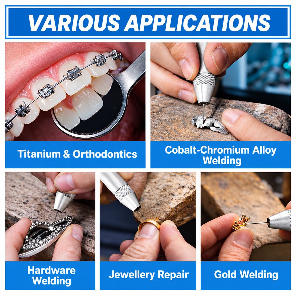 Jewelry spot welding machine applications: titanium and orthodontics, cobalt-chromium alloy, hardware, jewellery repair and gold welding