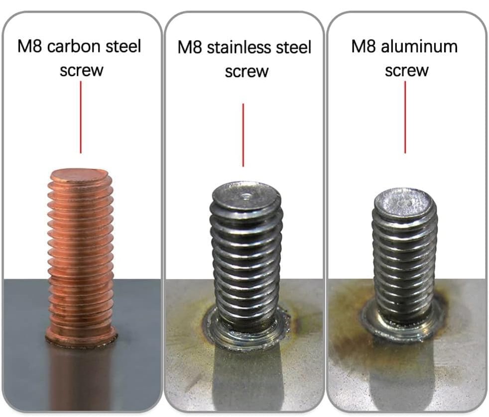M8 studs CD welded on carbon steel, stainless steel and aluminium
