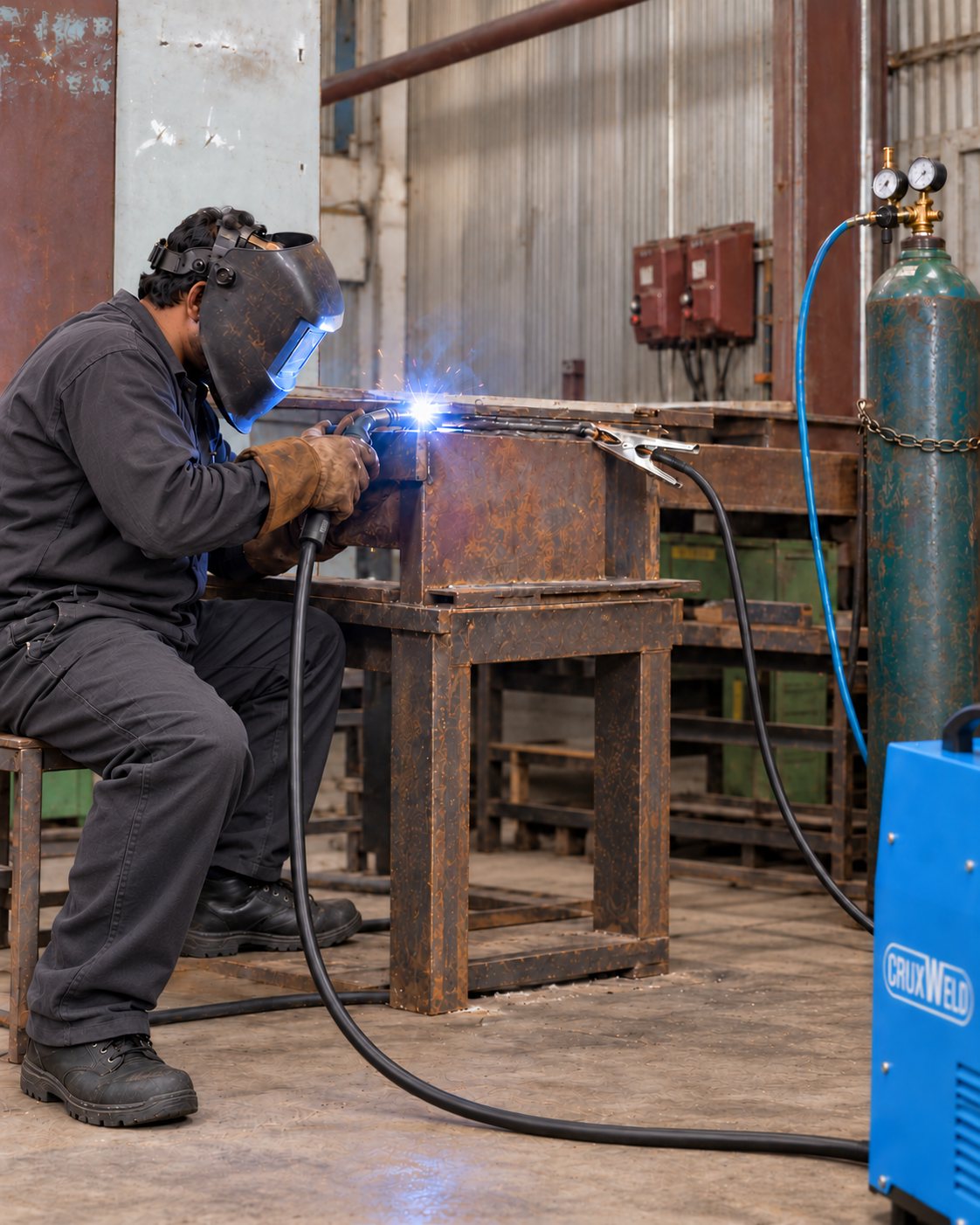 MIG 300 welding machine used with a CO2 gas cylinder to weld a steel workbench