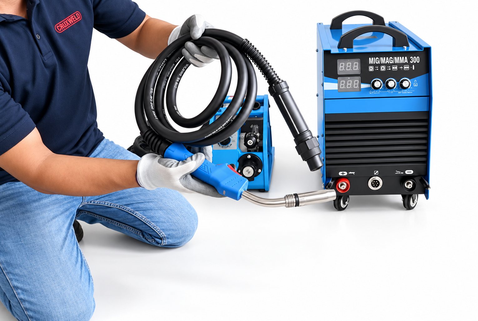 Cruxweld technician holding the 3 m MIG torch of the MIG 300 welding machine