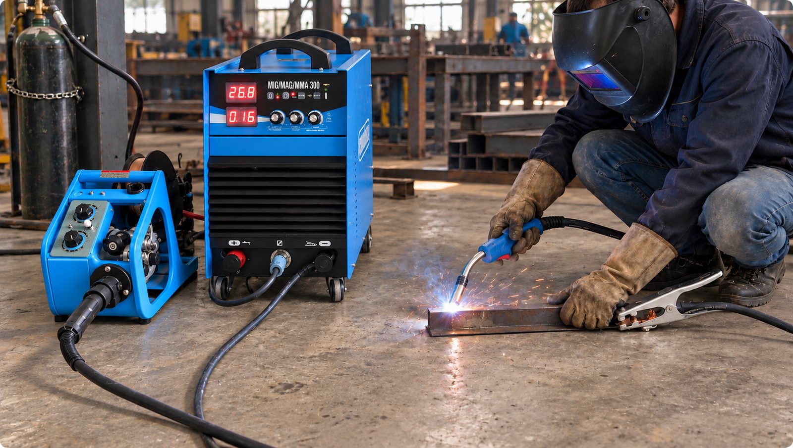 Welder using the MIG 300 welding machine and wire feeder on a steel section on the workshop floor