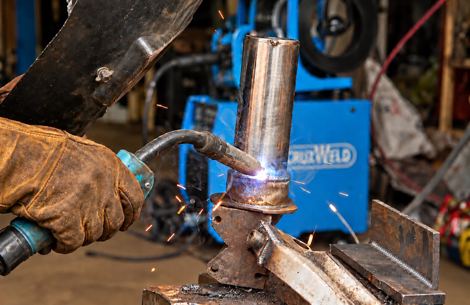 MIG 300 welding machine welding a pipe to a flange plate in a fabrication shop