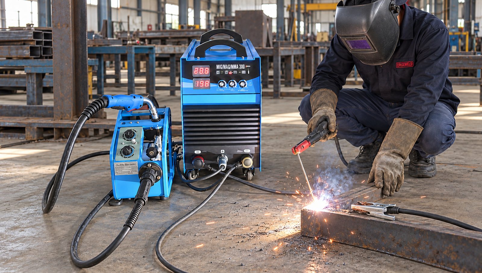 MIG 300 welding machine in MMA mode for stick welding a steel section