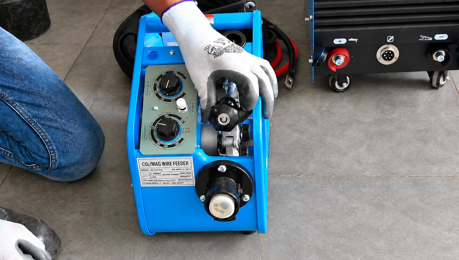 MIG 300 welding machine wire feeder with wire speed and voltage dials, inching button and 4-roll drive