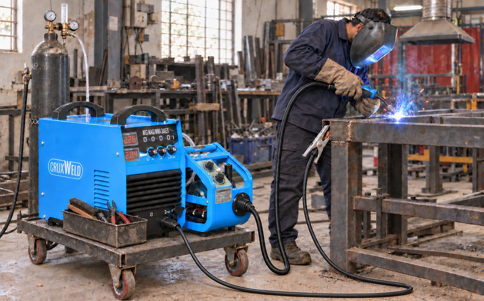 MIG 300 welding machine CWMIG300iJ with wire feeder welding a steel frame in a fabrication workshop